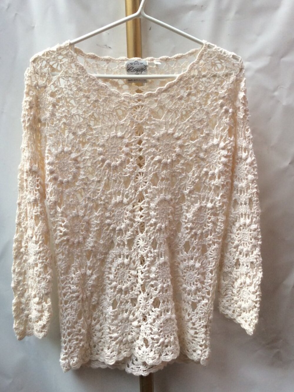 L'Equipe Crochet Knit Long Sleeve Top Ramie Cotton Beige Size L